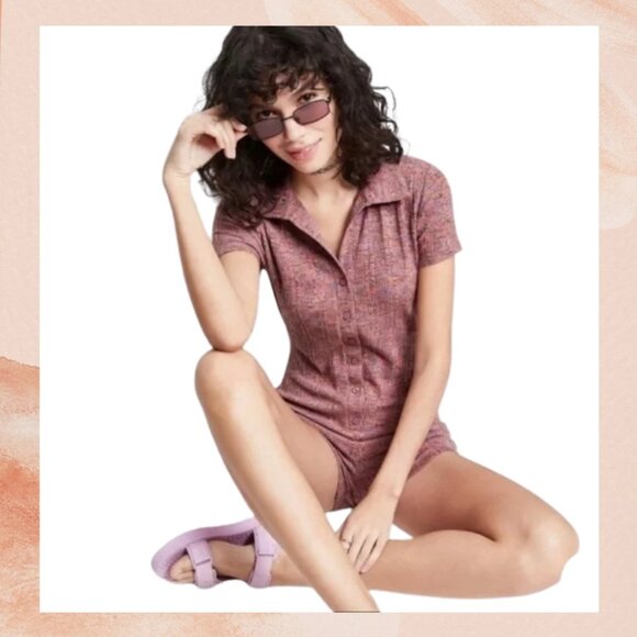 Pink Space Dye Ribbed Button-Front Short Romper - Picture 1 of 4